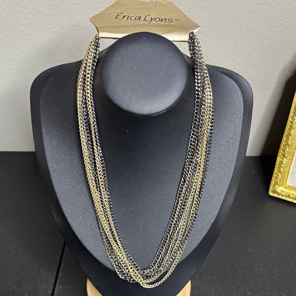 NWT Erica Lyons Elegant Gold and Black Layered Chain Necklace